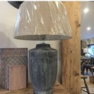 ANTIQUE FINISH LAMP WITH LINEN SHADE