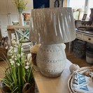 GREY CERAMIC TABLE LAMP WITH LINEN SHADE